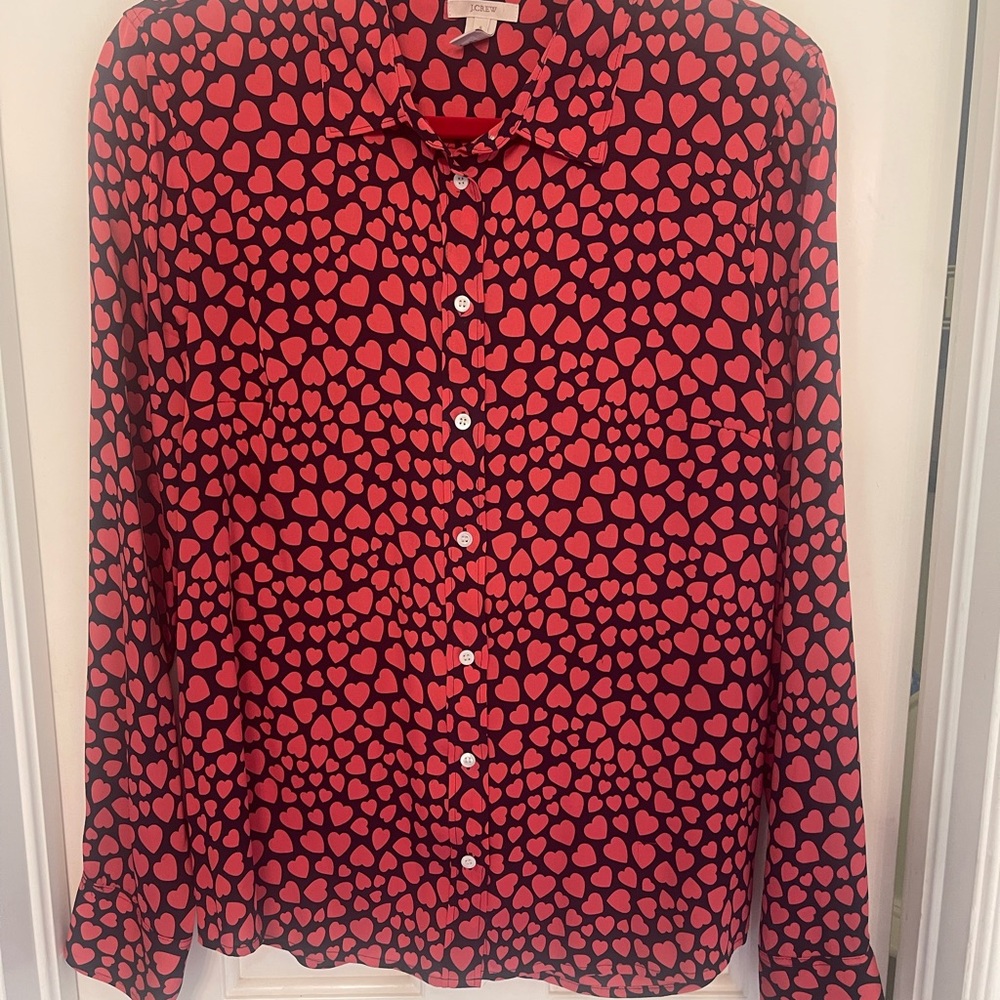 J. Crew Red and Black Heart Print Silk Shirt